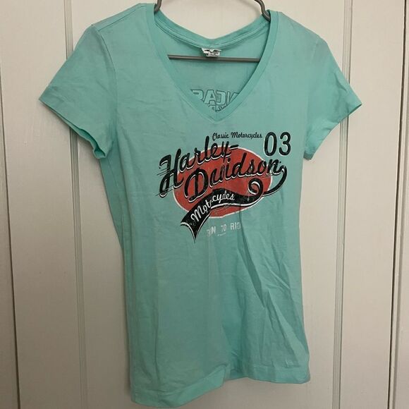 Harley Davidson Teal V-Neck T-Shirt - Picture 1 of 4